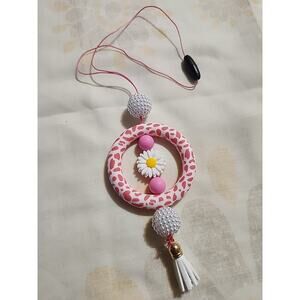 Beaded Car Charm For Rear View Daisy Pink & White Leopard Print Handmade